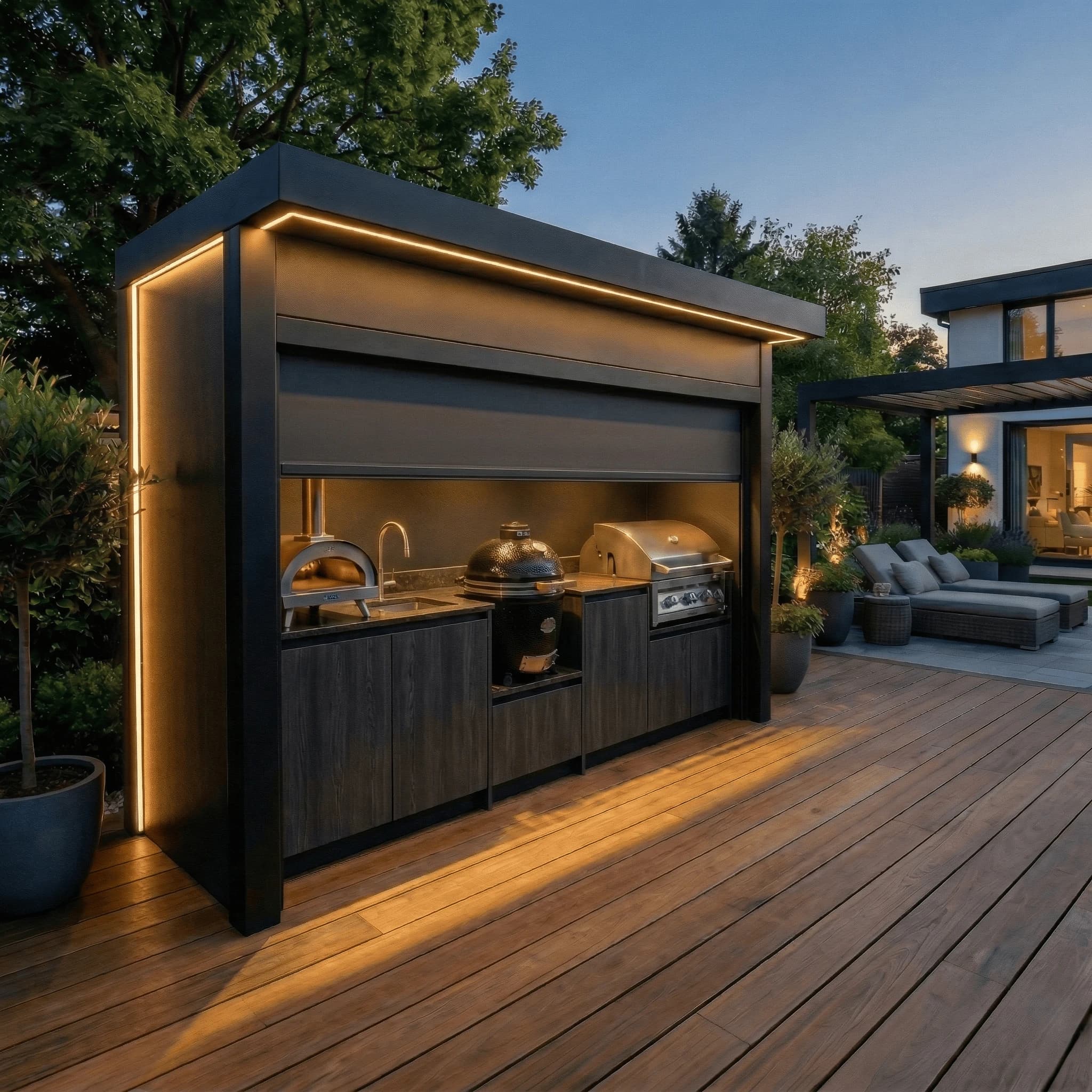 Cuisine extérieure NIVA — pod cuisine ouvert avec plancha, kamado et four à pizza sur terrasse bois au crépuscule