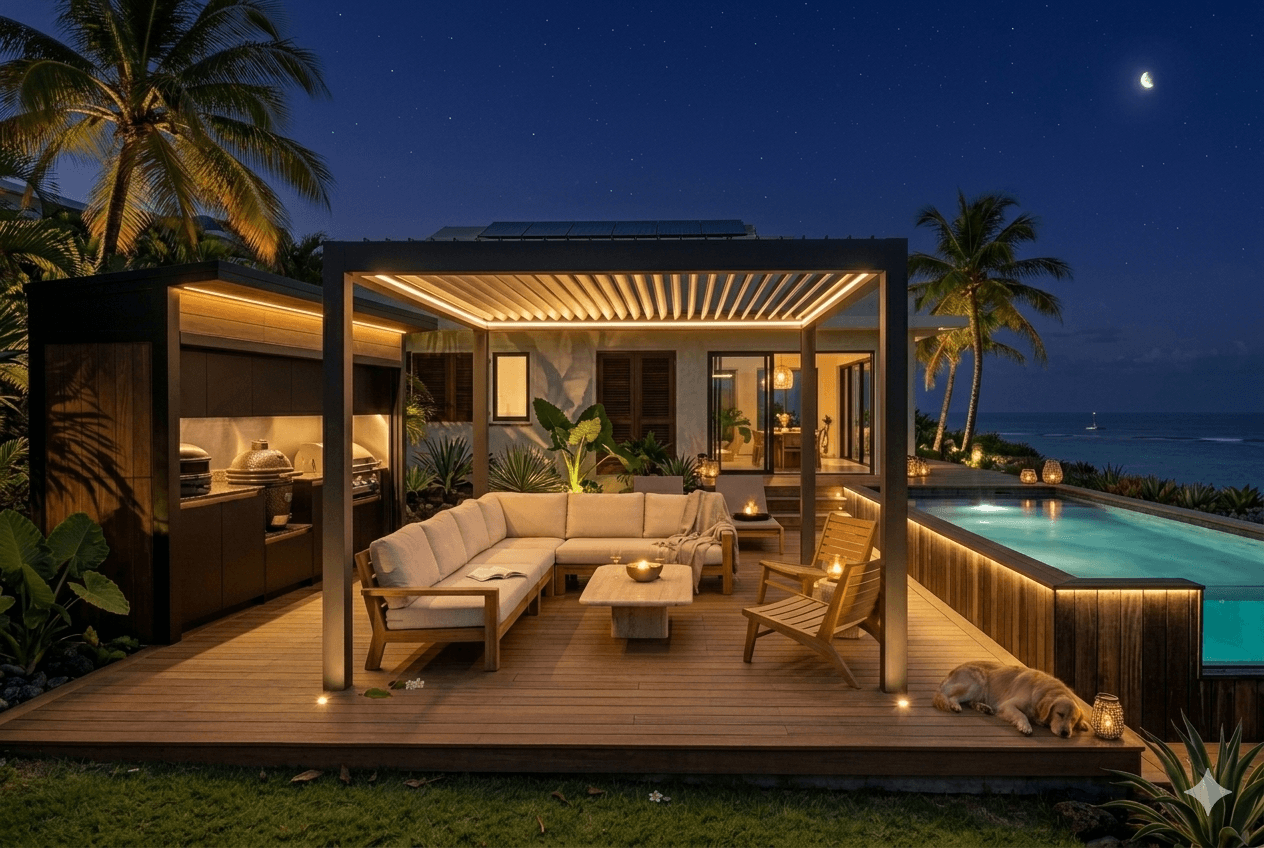 Mise en scène nocturne — pergola bioclimatique Solis sur terrasse bois, salon, cuisine extérieure et piscine face à la mer